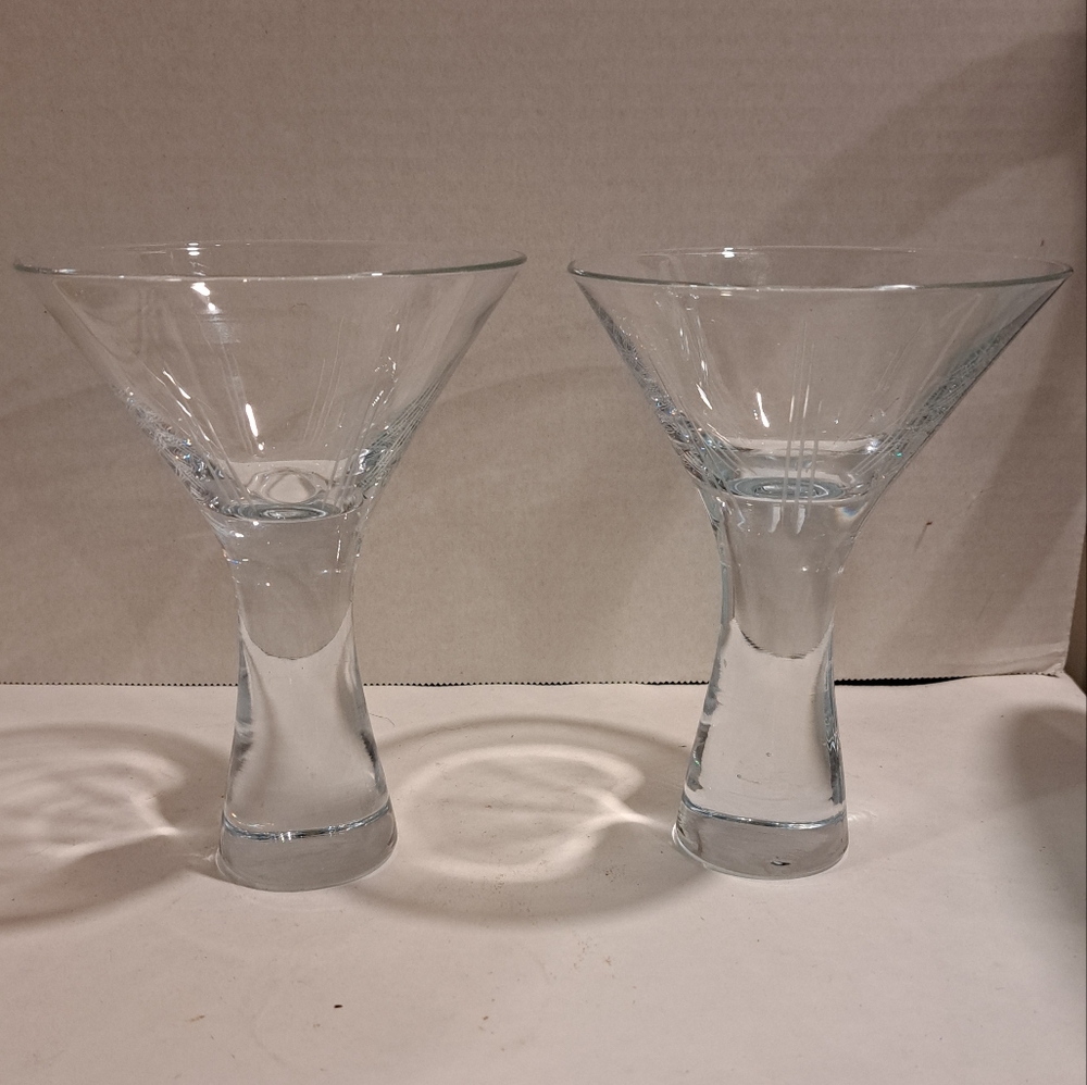 2 Vintage vertical Martini Glasses. Thick Stem Controlled Bubble Hand Blown.